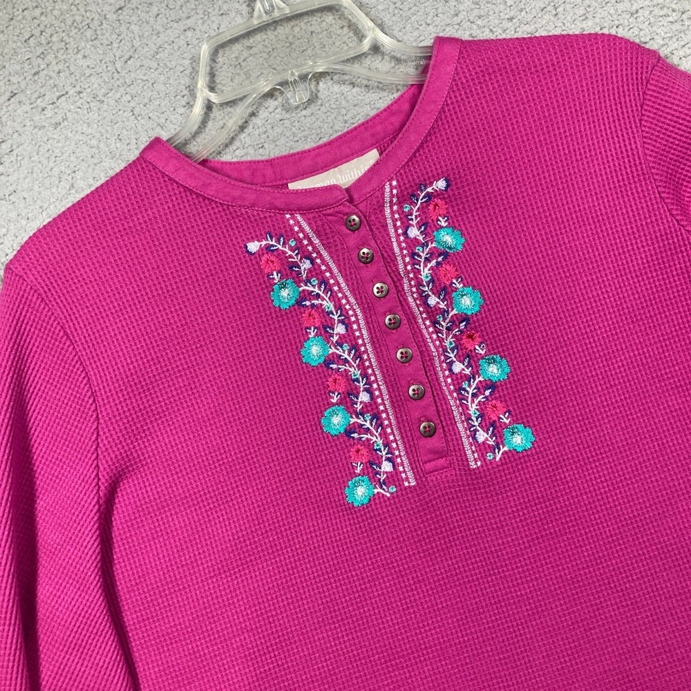 Woman Within Waffle Knit Thermal Henley Top Plus 1X 22 Pink Embroidered Floral